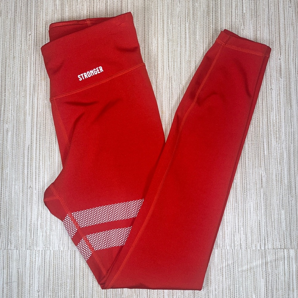 STRONGER Red Athletic Leggings High Waist Mesh Detail Women's X-Small Gym